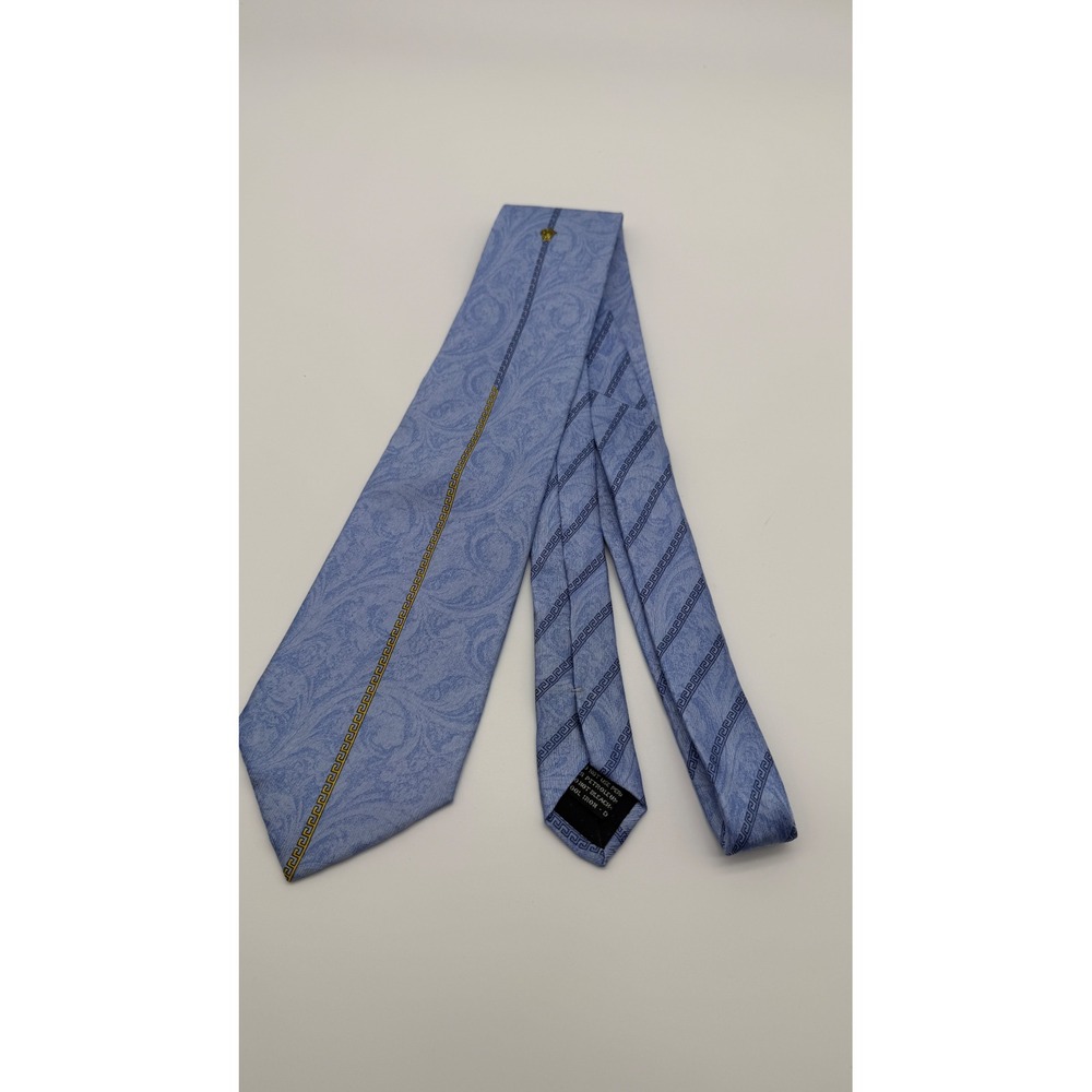 Gianni Versace Mens Silk Tie Light Blue Paisley Greek Key Medusa Head Made Italy